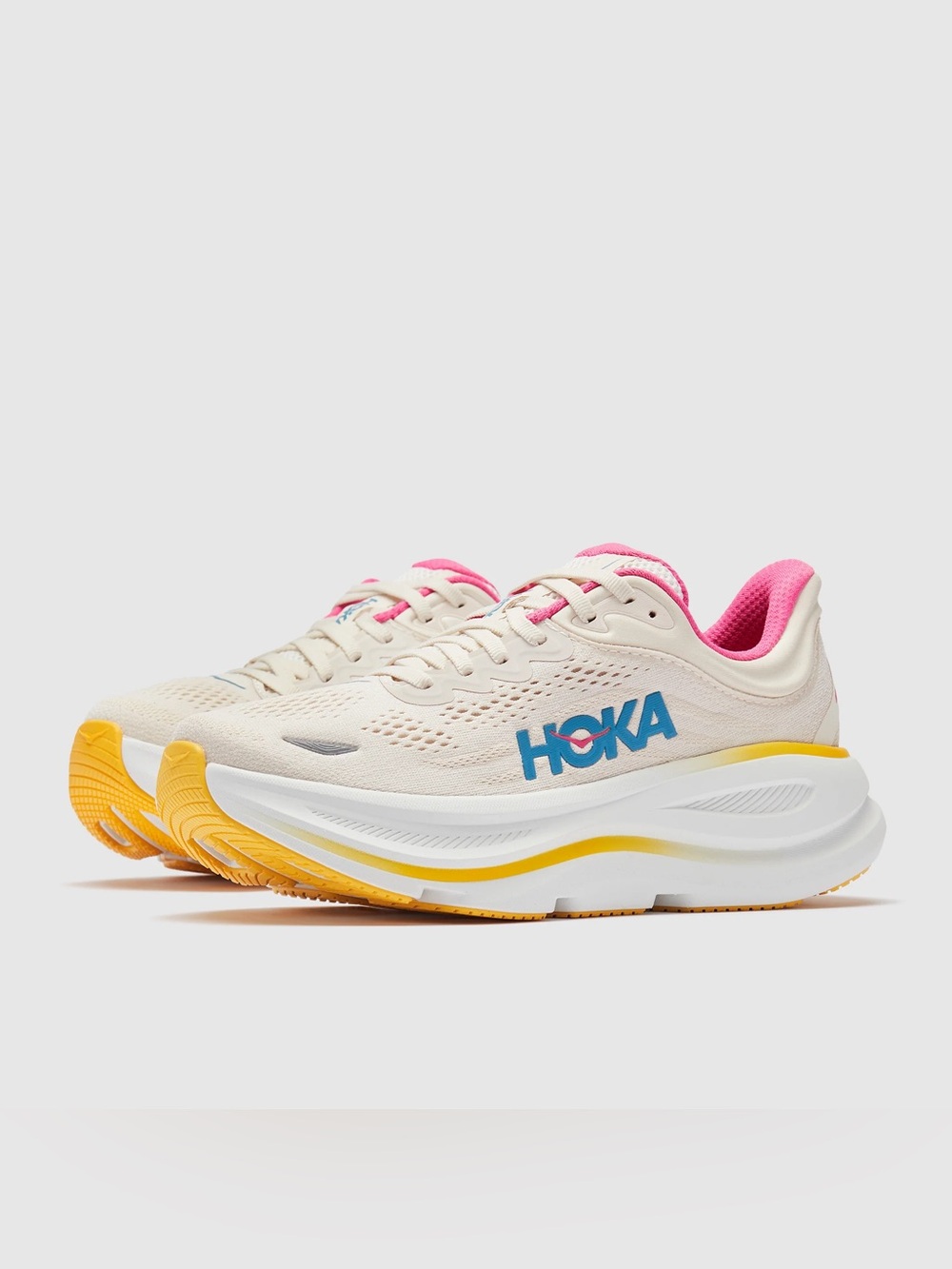 Hoka Women's Bondi 9 Running Shoes — Cream with Pink, Yellow & Teal Accents - Picture 13 of 16